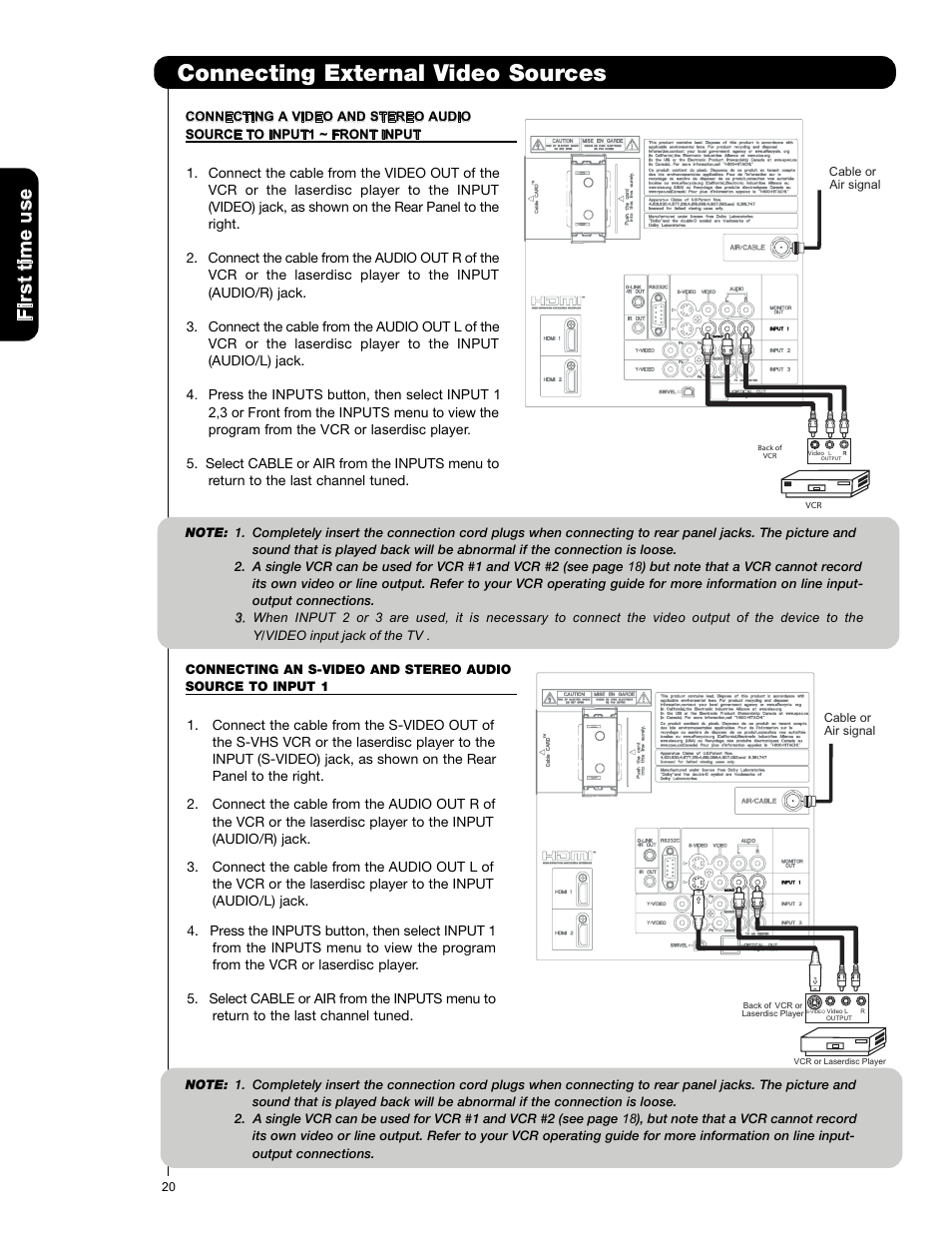 Connecting external video sources | Hitachi P50X901 User Manual | Page 20 / 192