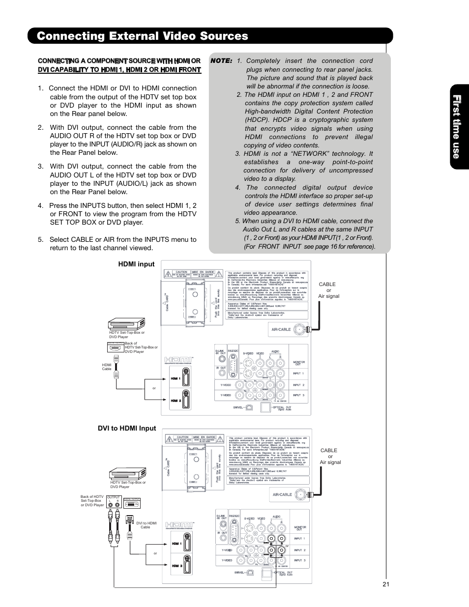 Connecting external video sources, Firs t tim e u se | Hitachi P50X901 User Manual | Page 21 / 192