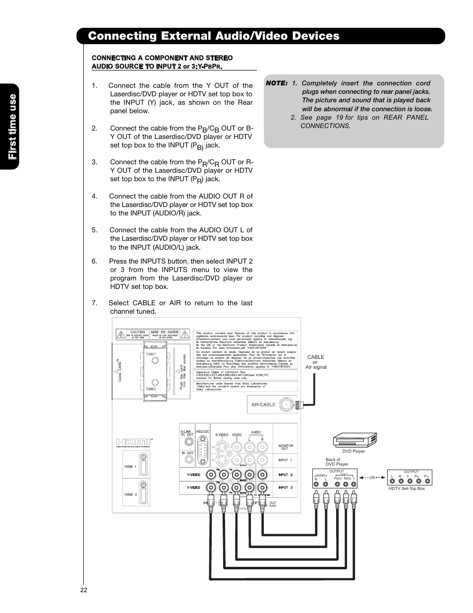 Connecting external audio/video devices | Hitachi P50X901 User Manual | Page 22 / 192