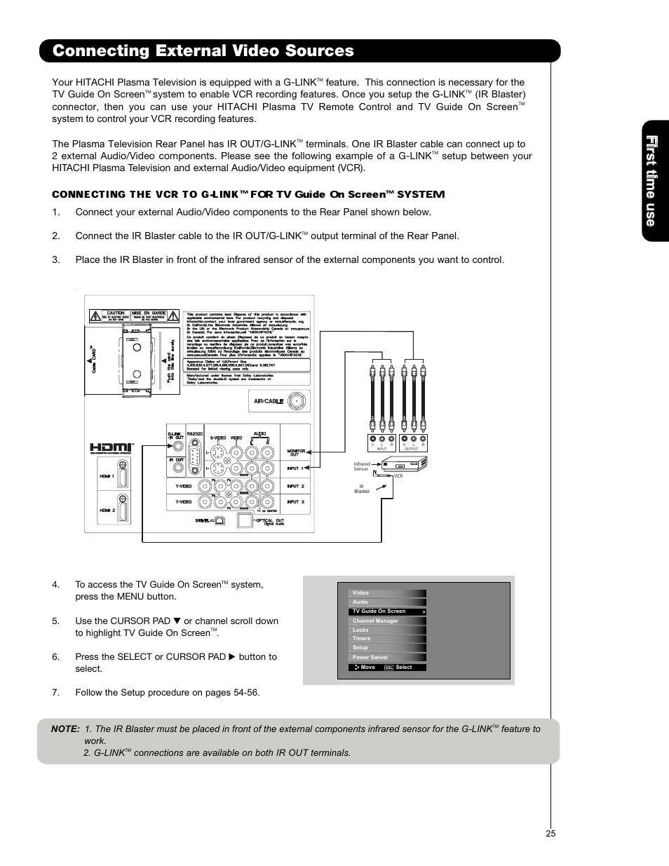 Connecting external video sources, Firs t tim e u se | Hitachi P50X901 User Manual | Page 25 / 192