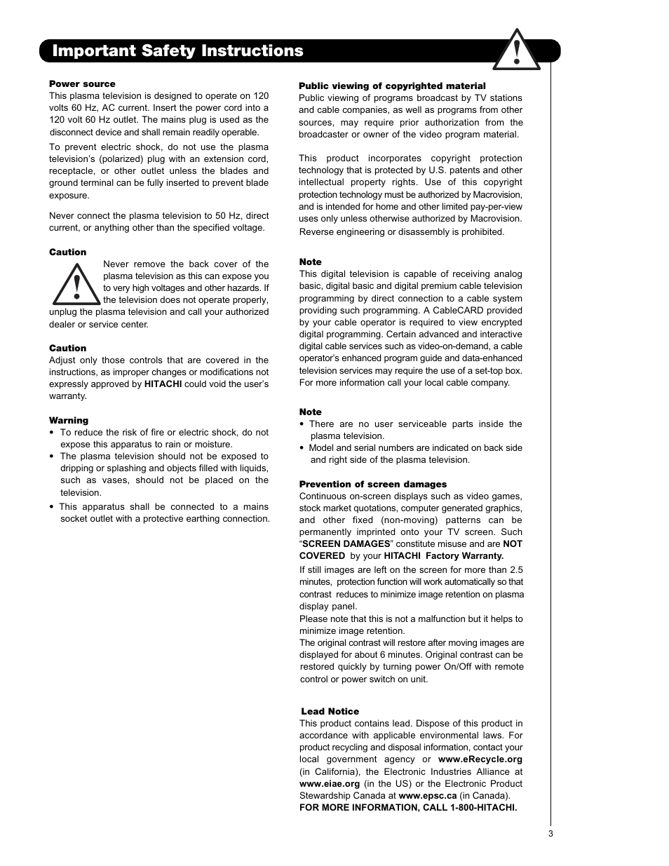 Important safety instructions | Hitachi P50X901 User Manual | Page 3 / 192