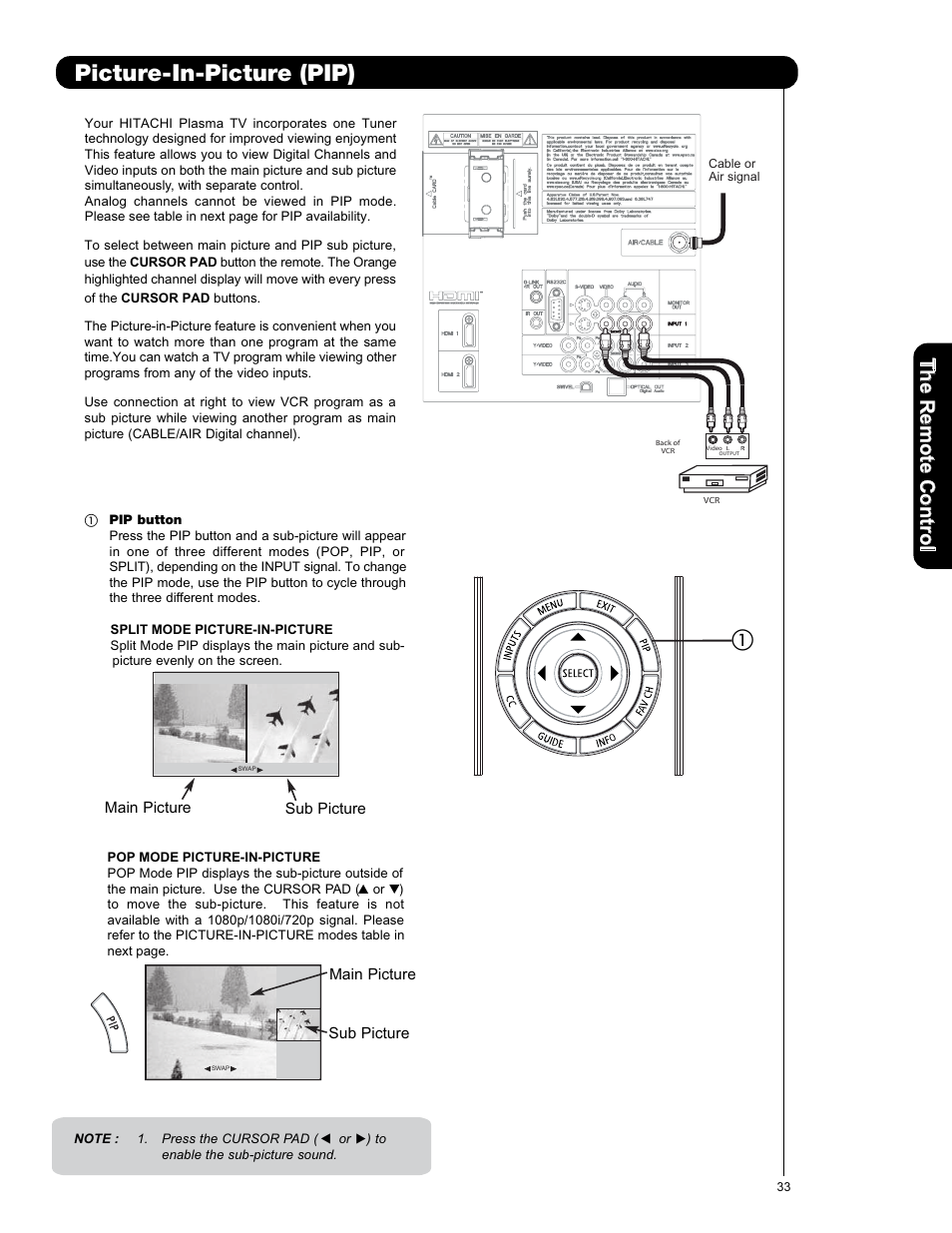 Picture- in-picture (pip) | Hitachi P50X901 User Manual | Page 33 / 192