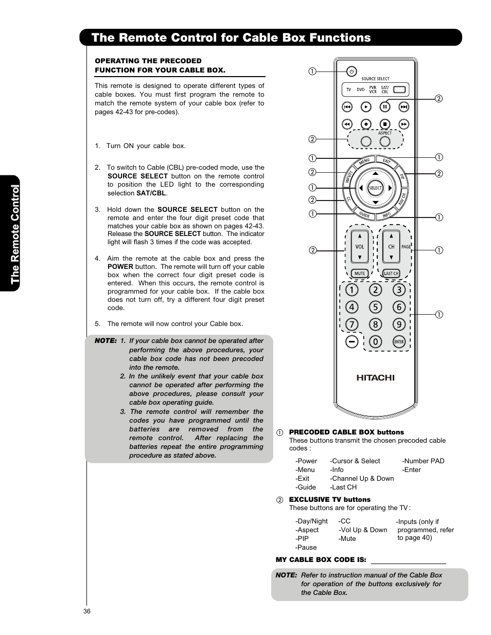 The remote control for cable box functions | Hitachi P50X901 User Manual | Page 36 / 192