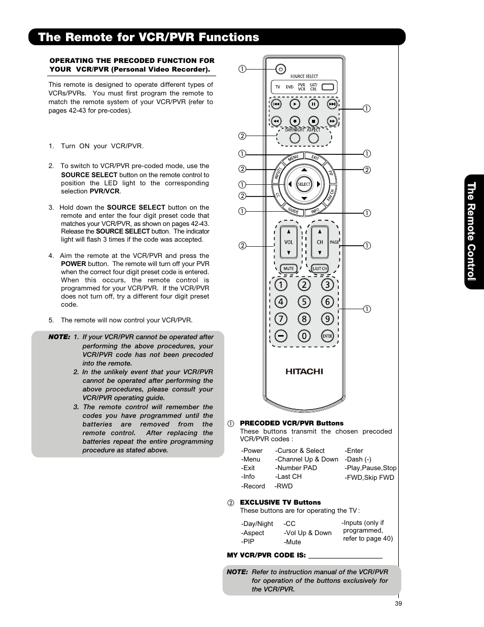 The remote for vcr/pvr functions | Hitachi P50X901 User Manual | Page 39 / 192