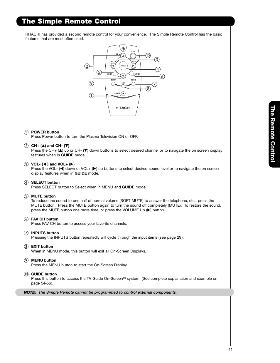 The simple remote control | Hitachi P50X901 User Manual | Page 41 / 192