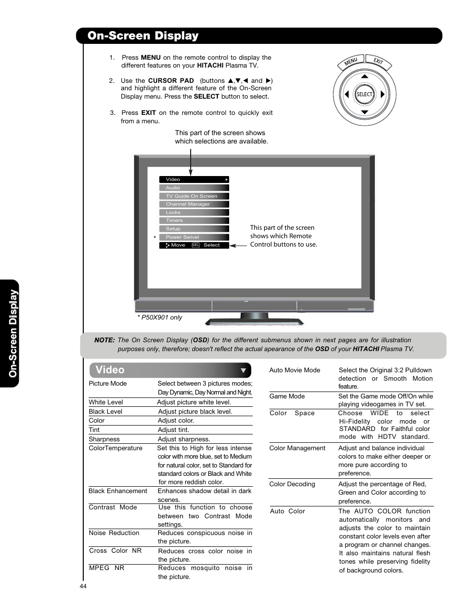 On-screen display, Video, On -s cr ee n d is p la y | Hitachi P50X901 User Manual | Page 44 / 192