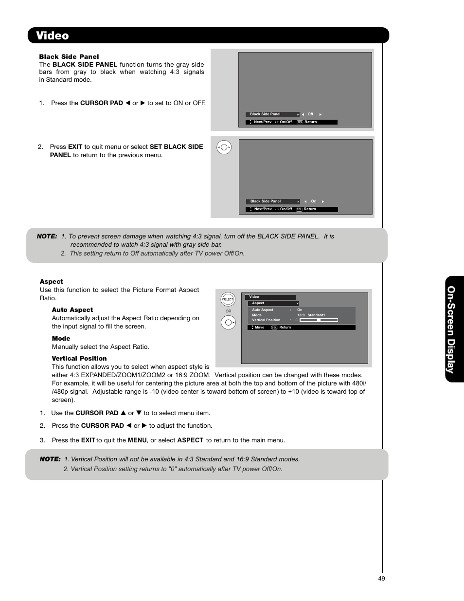 Video, On -s cr ee n d is p la y | Hitachi P50X901 User Manual | Page 49 / 192