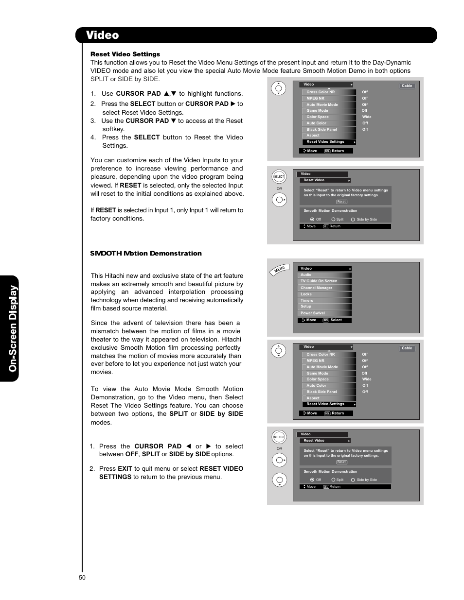 Video, Smooth motion demonstration, On -s cr ee n d is p la y | Hitachi P50X901 User Manual | Page 50 / 192