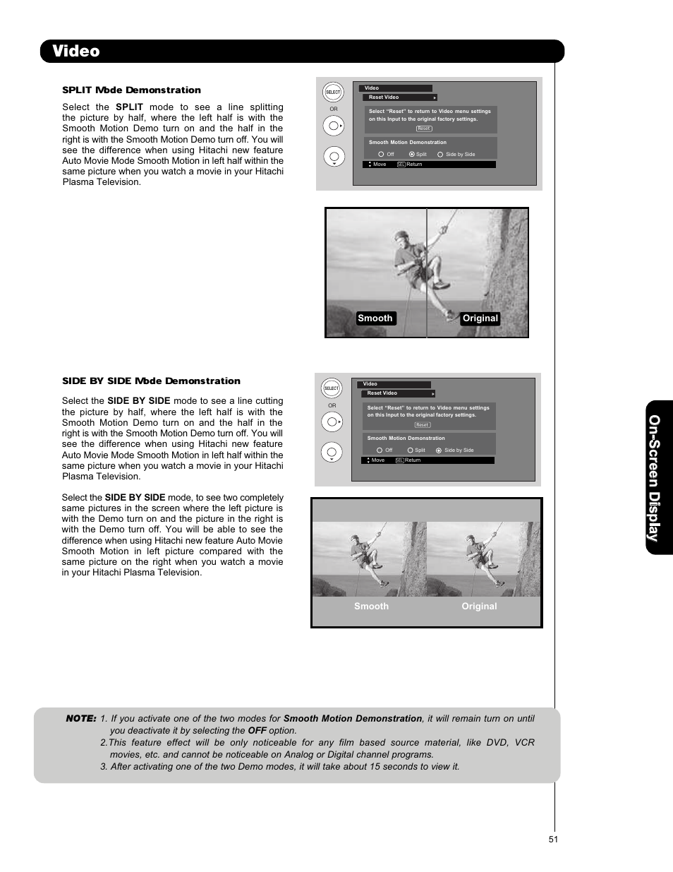 Video, On -s cr ee n d is p la y | Hitachi P50X901 User Manual | Page 51 / 192