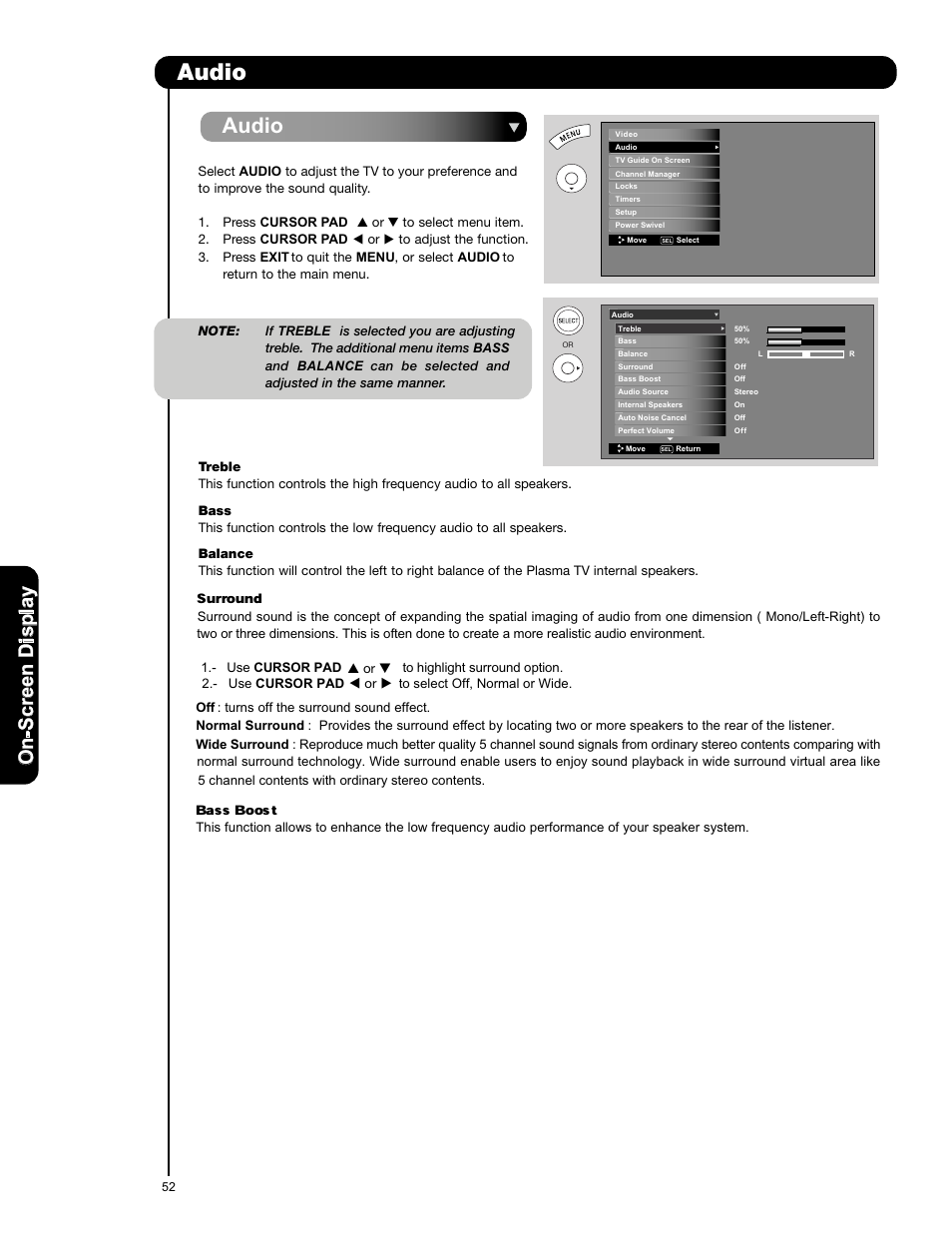 Surround, Bass boost, Audio | On -s cr ee n d is p la y | Hitachi P50X901 User Manual | Page 52 / 192