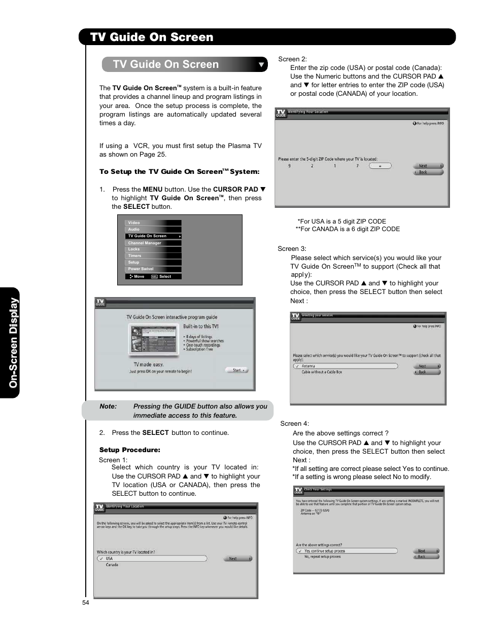 System, Tv guide on screen, On -s cr ee n d is p la y | Hitachi P50X901 User Manual | Page 54 / 192