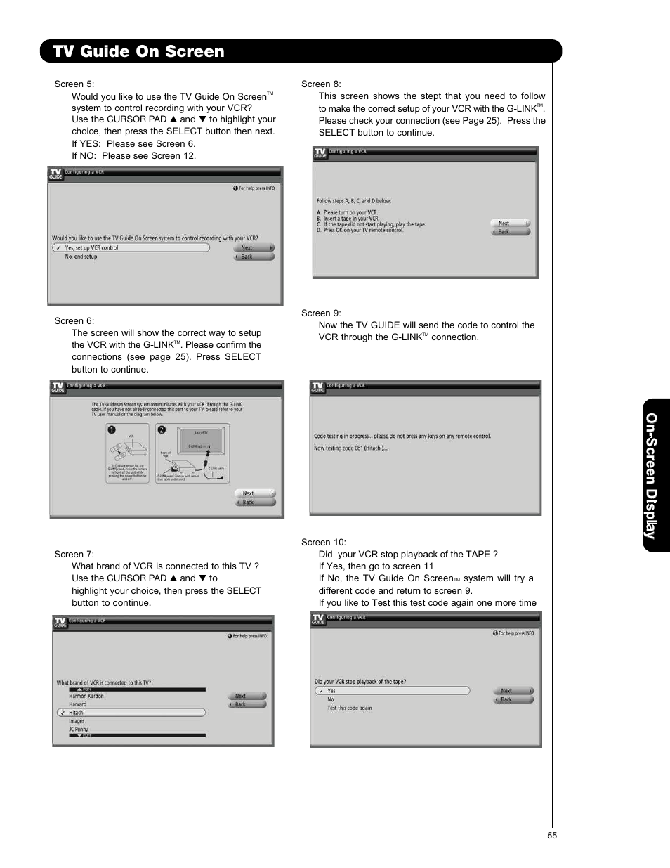 Tv guide on screen, On -s cr ee n d is p la y | Hitachi P50X901 User Manual | Page 55 / 192