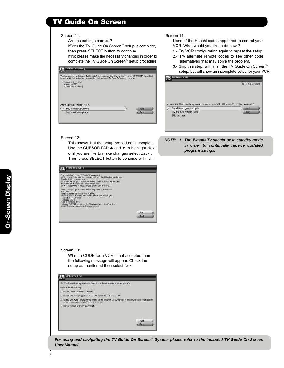 Tv guide on screen, On -s cr ee n d is p la y | Hitachi P50X901 User Manual | Page 56 / 192