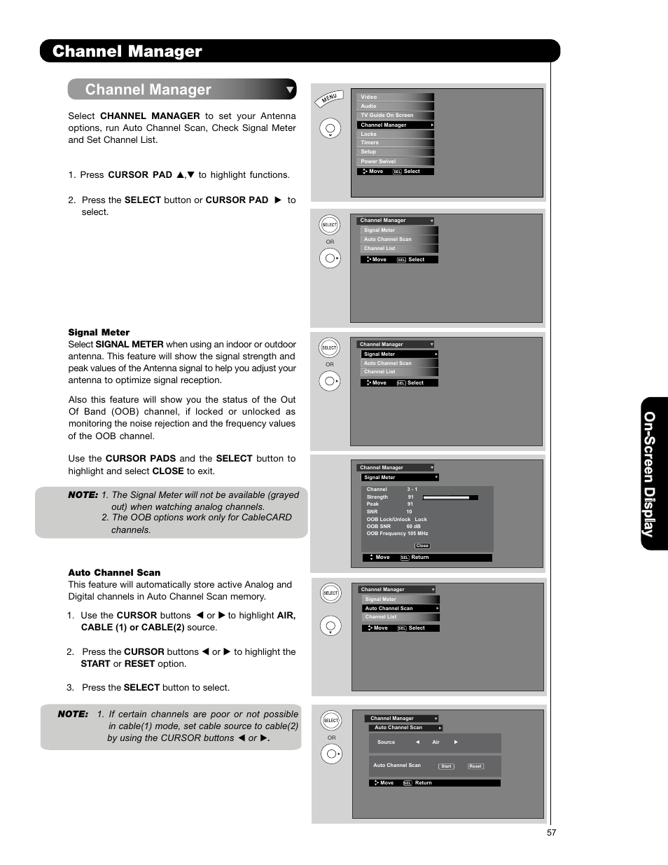 Channel manager, On -s cr ee n d is p la y | Hitachi P50X901 User Manual | Page 57 / 192