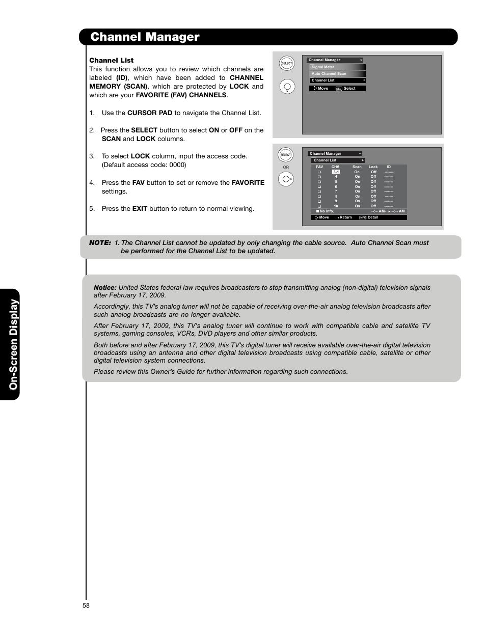 Channel manager, On -s cr ee n d is p la y | Hitachi P50X901 User Manual | Page 58 / 192