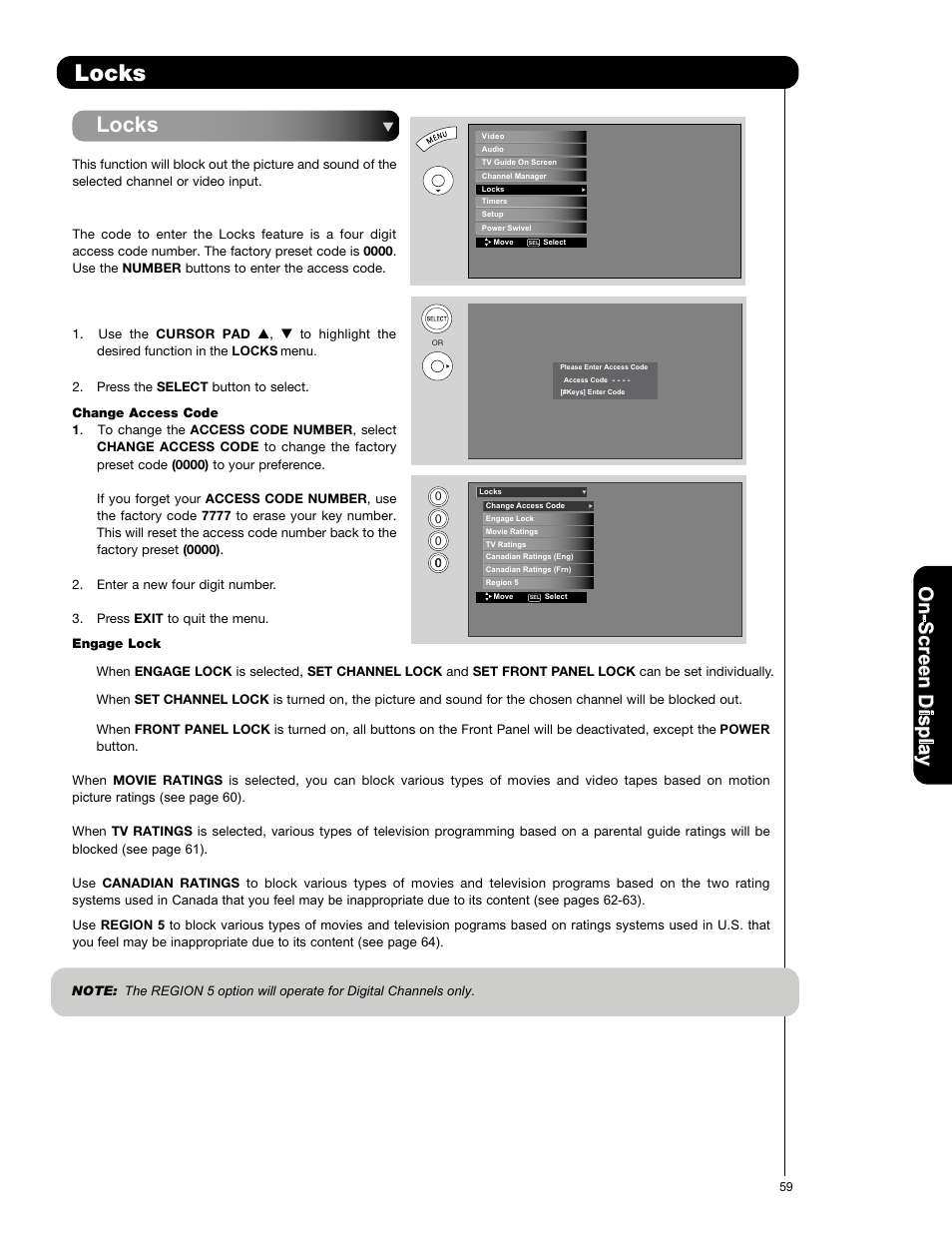 Locks, On -s cr ee n d is p la y | Hitachi P50X901 User Manual | Page 59 / 192