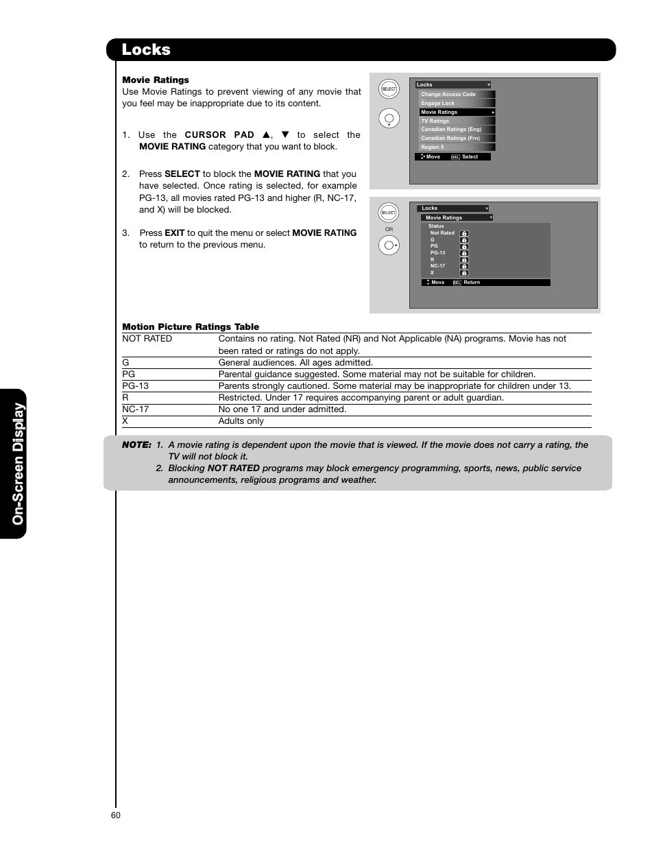 Locks, On -s cr ee n d is p la y | Hitachi P50X901 User Manual | Page 60 / 192