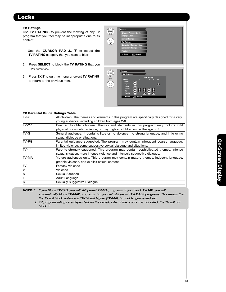 Locks, On -s cr ee n d is p la y | Hitachi P50X901 User Manual | Page 61 / 192