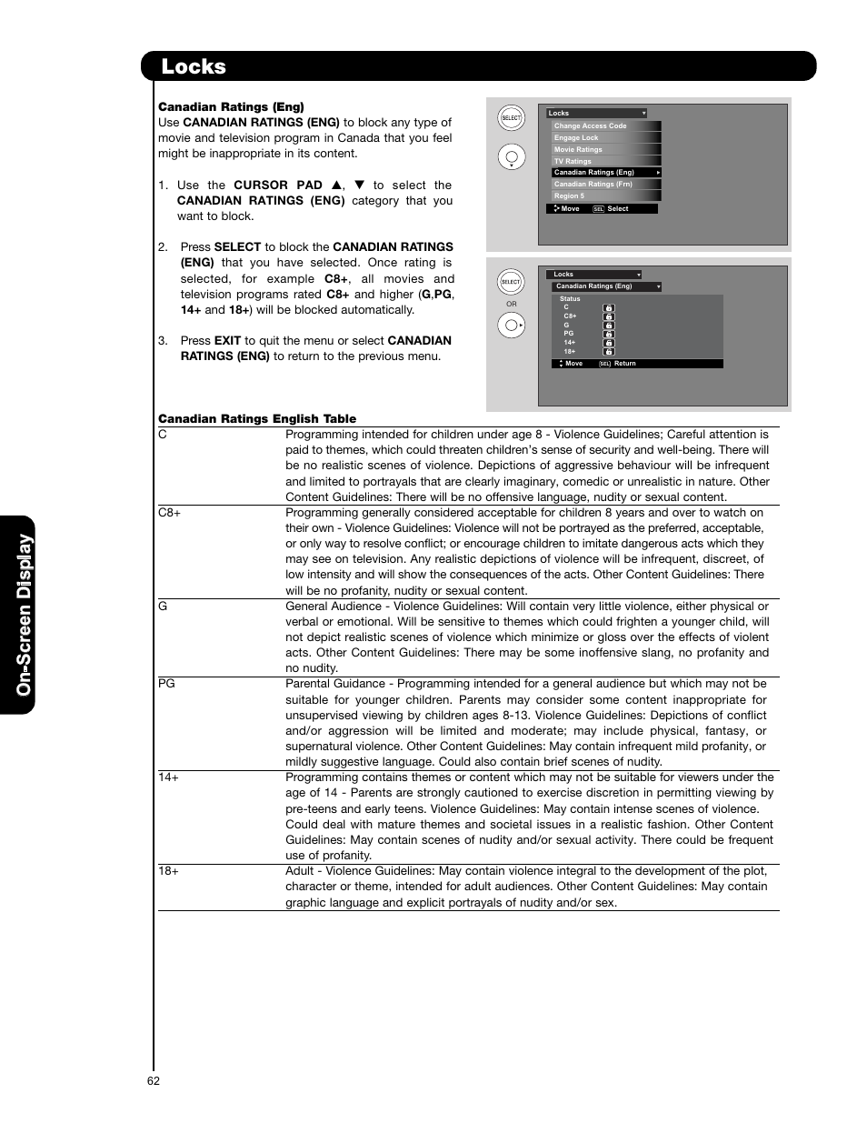 Locks, On -s cr ee n d is p la y | Hitachi P50X901 User Manual | Page 62 / 192
