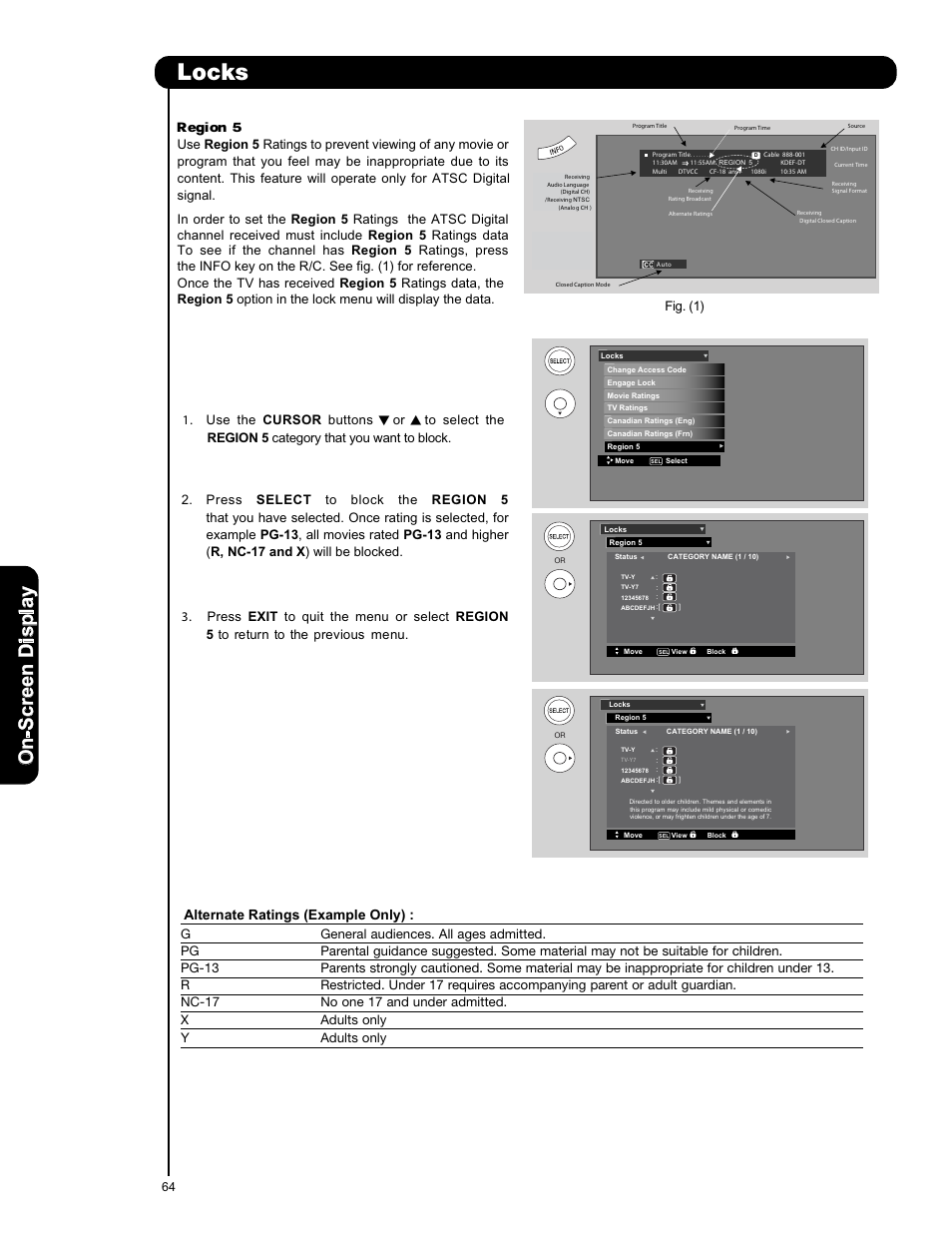 Locks, On -s cr ee n d is p la y, Alternate ratings (example only) | Fig. (1), Signal | Hitachi P50X901 User Manual | Page 64 / 192