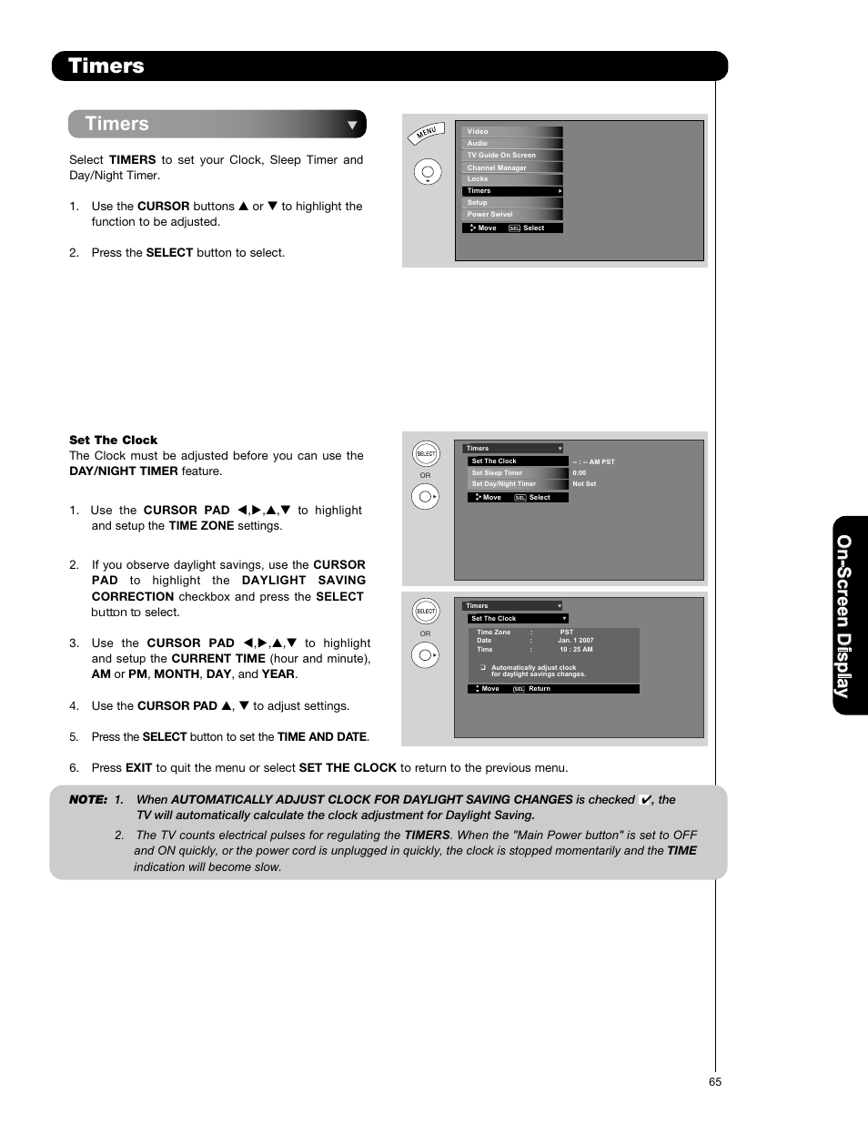 Timers, On -s cr ee n d is p la y | Hitachi P50X901 User Manual | Page 65 / 192