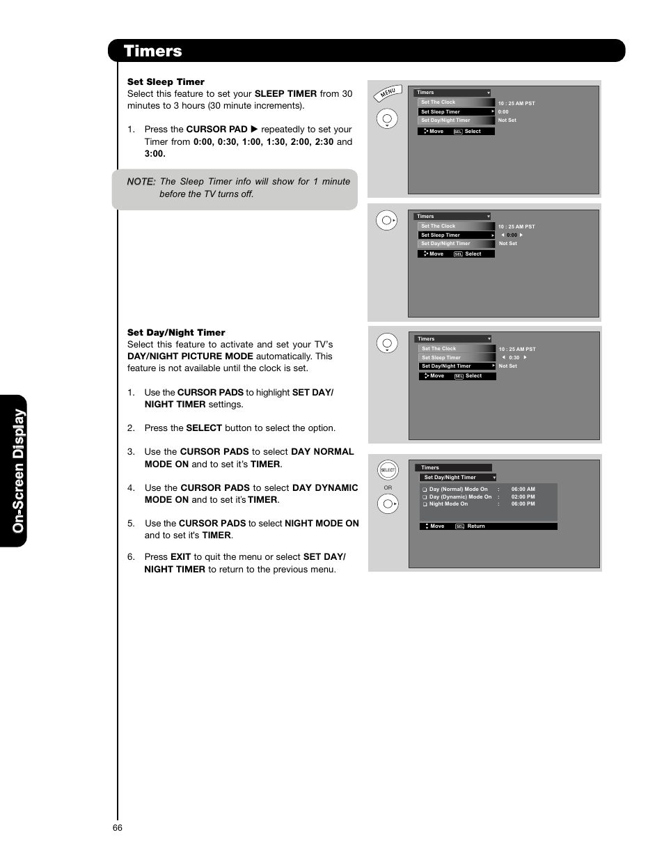 Timers, On -s cr ee n d is p la y | Hitachi P50X901 User Manual | Page 66 / 192
