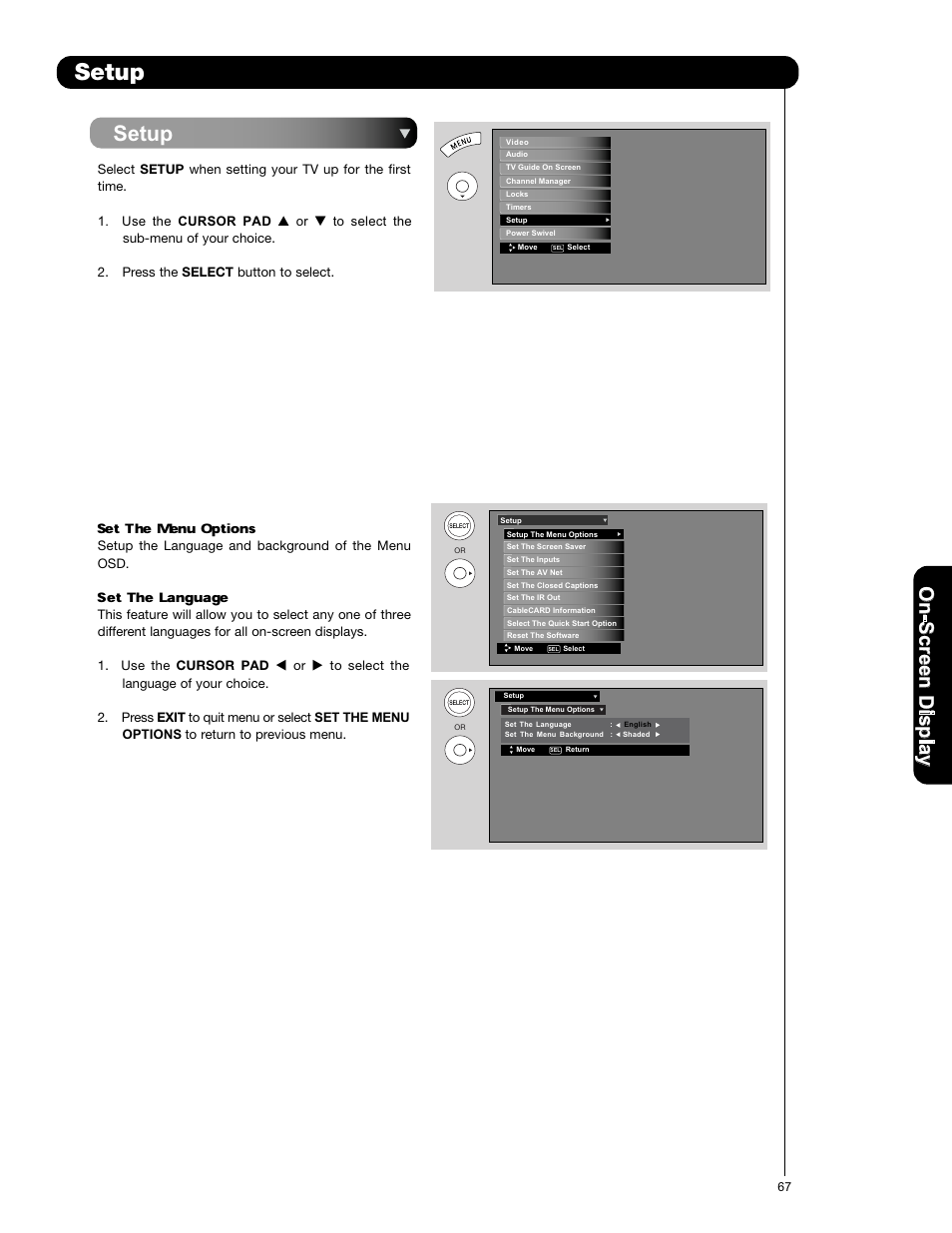 Setup, On -s cr ee n d is p la y | Hitachi P50X901 User Manual | Page 67 / 192