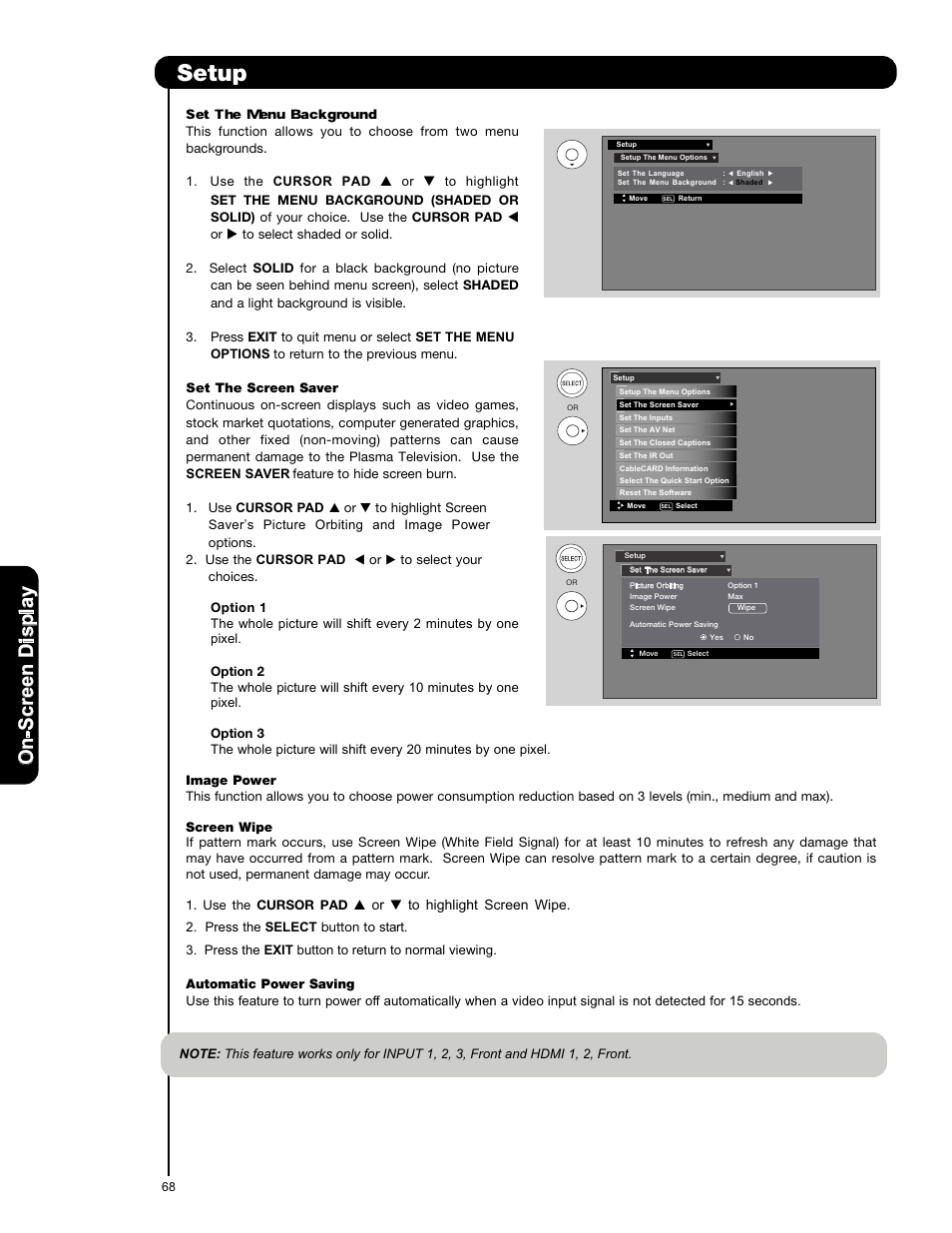 Setup, On -s cr ee n d is p la y | Hitachi P50X901 User Manual | Page 68 / 192