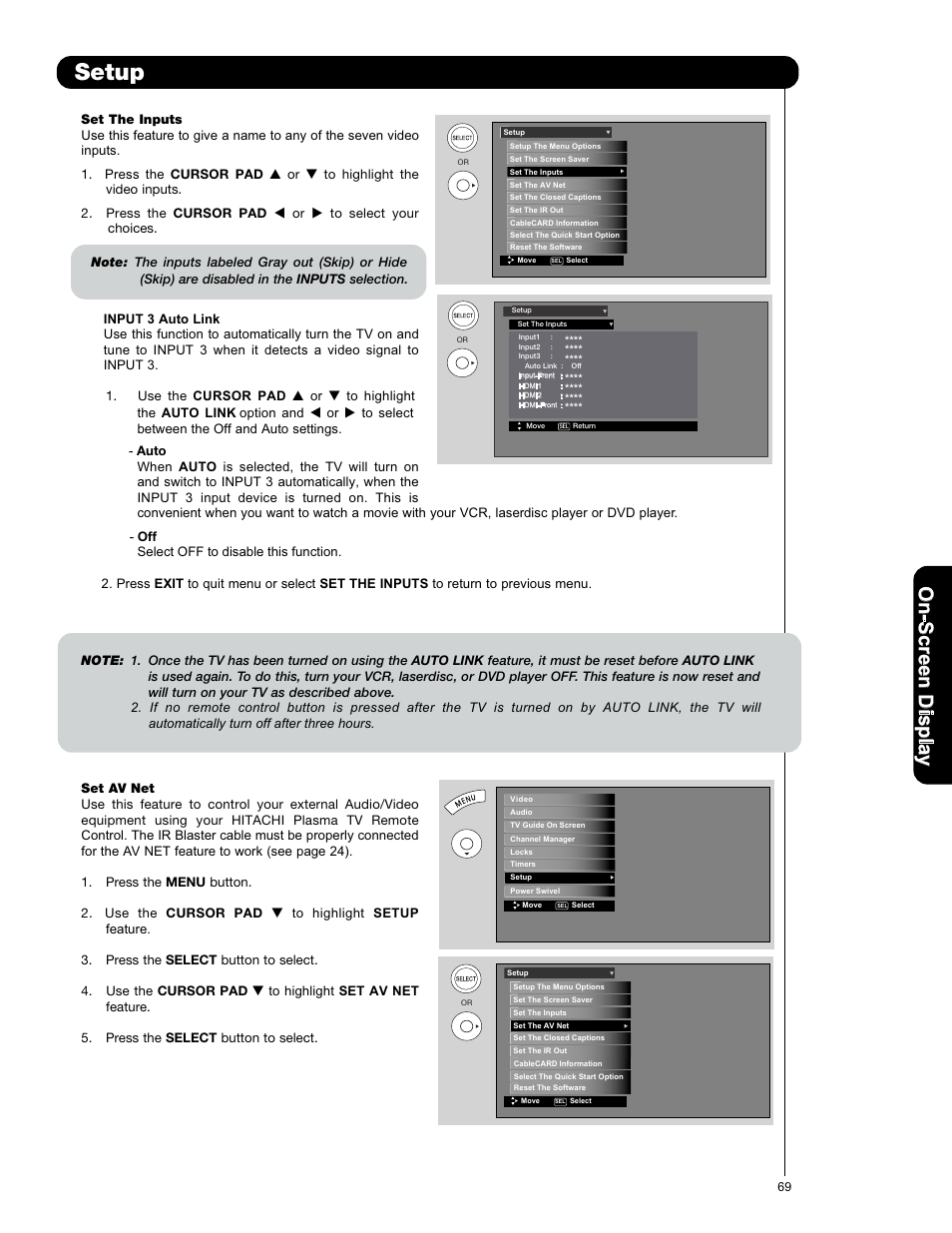 Setup, On -s cr ee n d is p la y | Hitachi P50X901 User Manual | Page 69 / 192