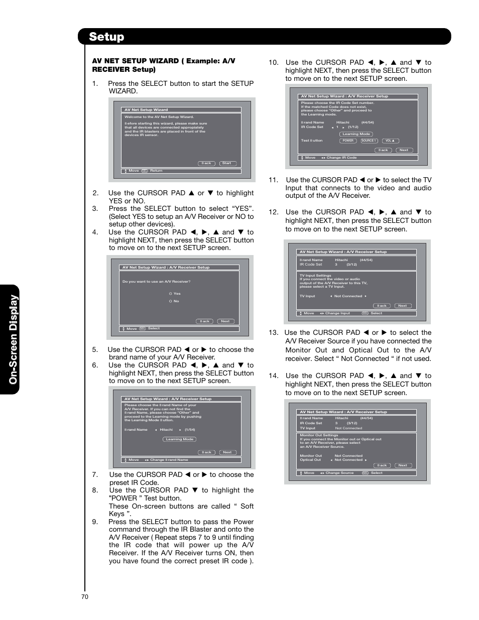 Setup, On -s cr ee n d is p la y | Hitachi P50X901 User Manual | Page 70 / 192