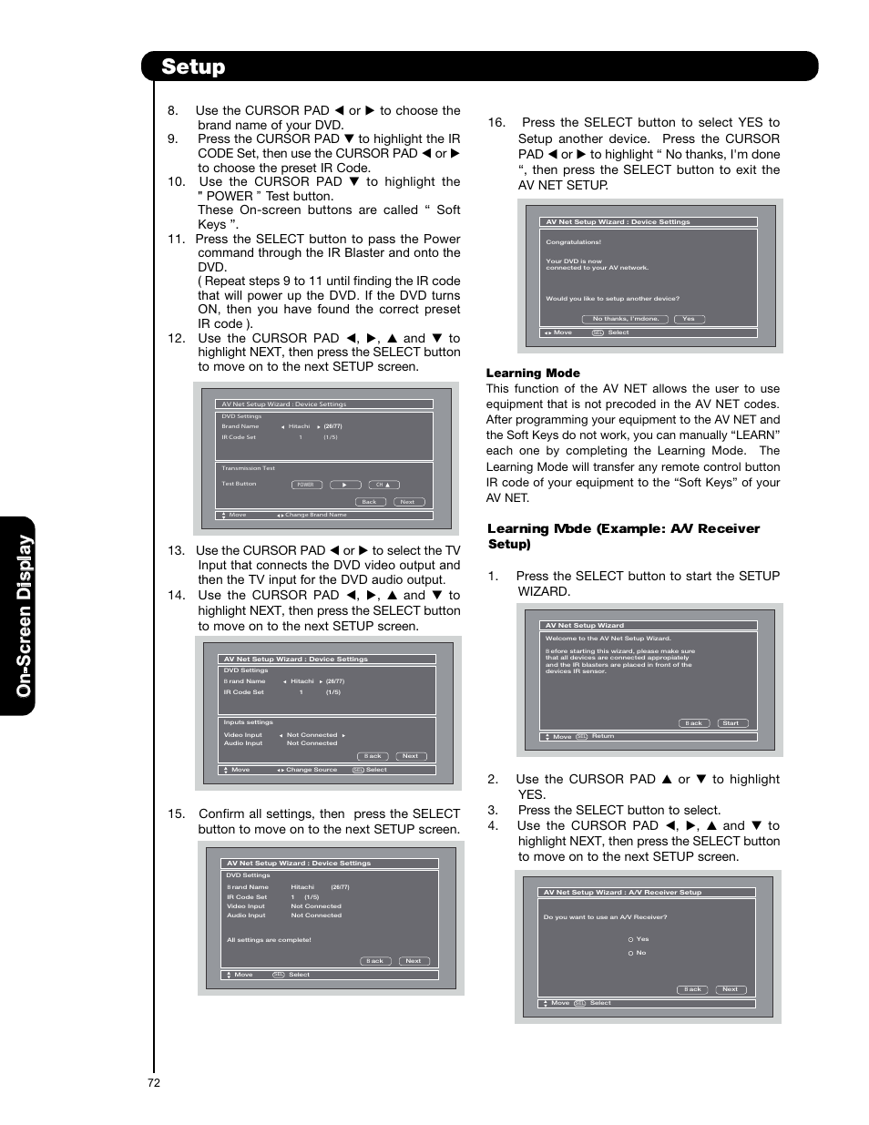 Setup, Learning mode (example: a/v receiver, On -s cr ee n d is p la y | Hitachi P50X901 User Manual | Page 72 / 192