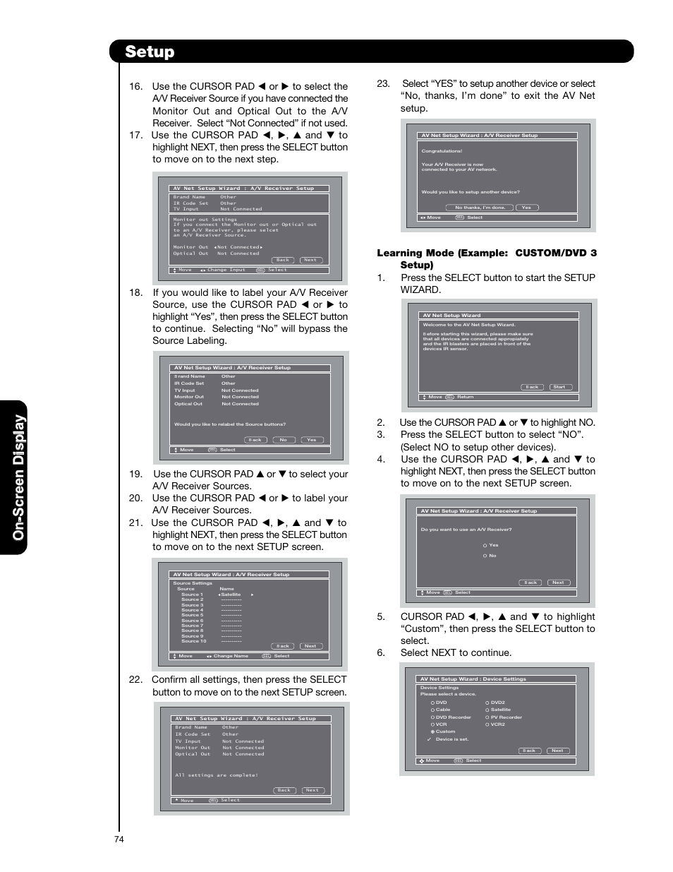 Setup, On -s cr ee n d is p la y | Hitachi P50X901 User Manual | Page 74 / 192