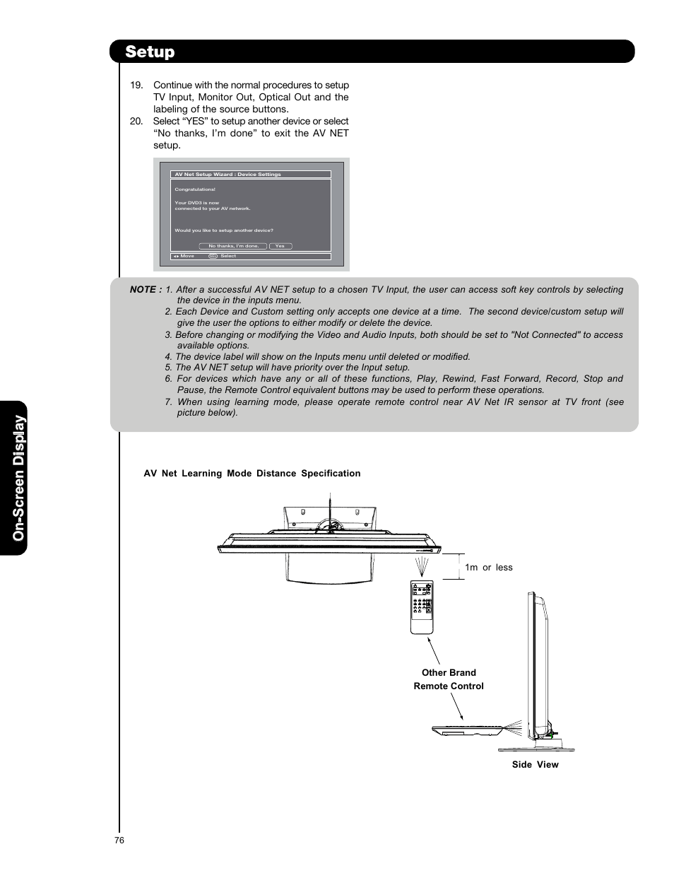 Setup, On -s cr ee n d is p la y | Hitachi P50X901 User Manual | Page 76 / 192