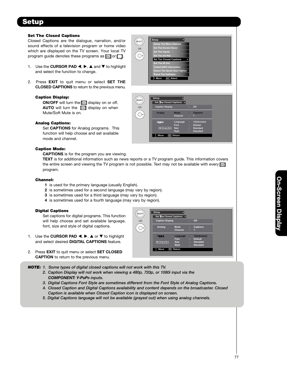 Setup, On -s cr ee n d is p la y | Hitachi P50X901 User Manual | Page 77 / 192