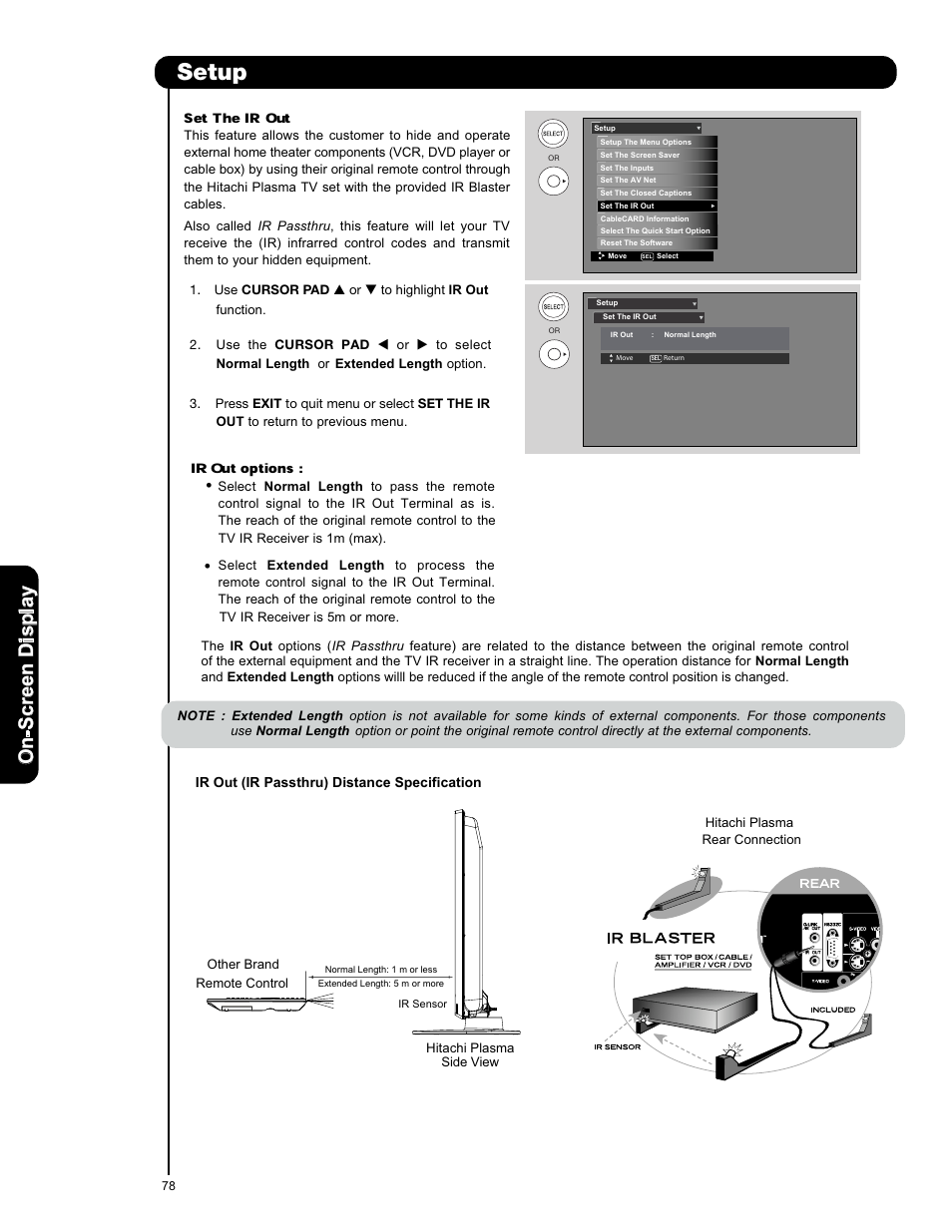 Setup, Set the ir out, Ir out options | On -s cr ee n d is p la y | Hitachi P50X901 User Manual | Page 78 / 192