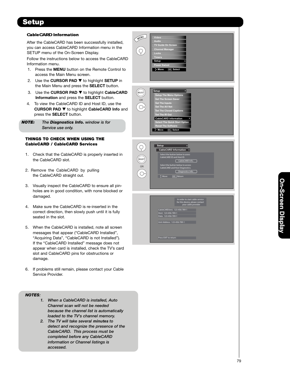 Setup, Cablecard information, On -s cr ee n d is p la y | Hitachi P50X901 User Manual | Page 79 / 192
