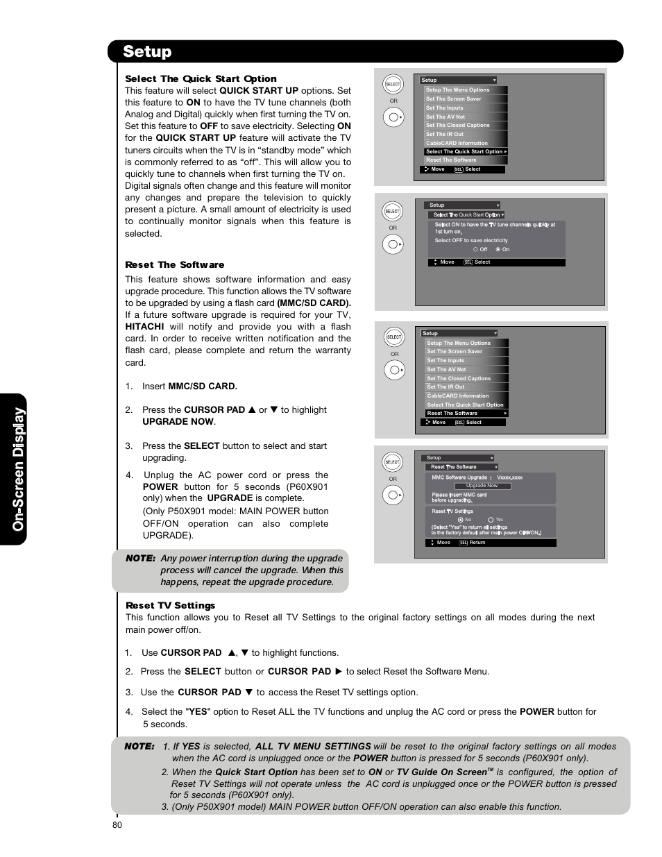 Setup, Select the quick start option, Reset the software | Reset tv settings, On -s cr ee n d is p la y | Hitachi P50X901 User Manual | Page 80 / 192