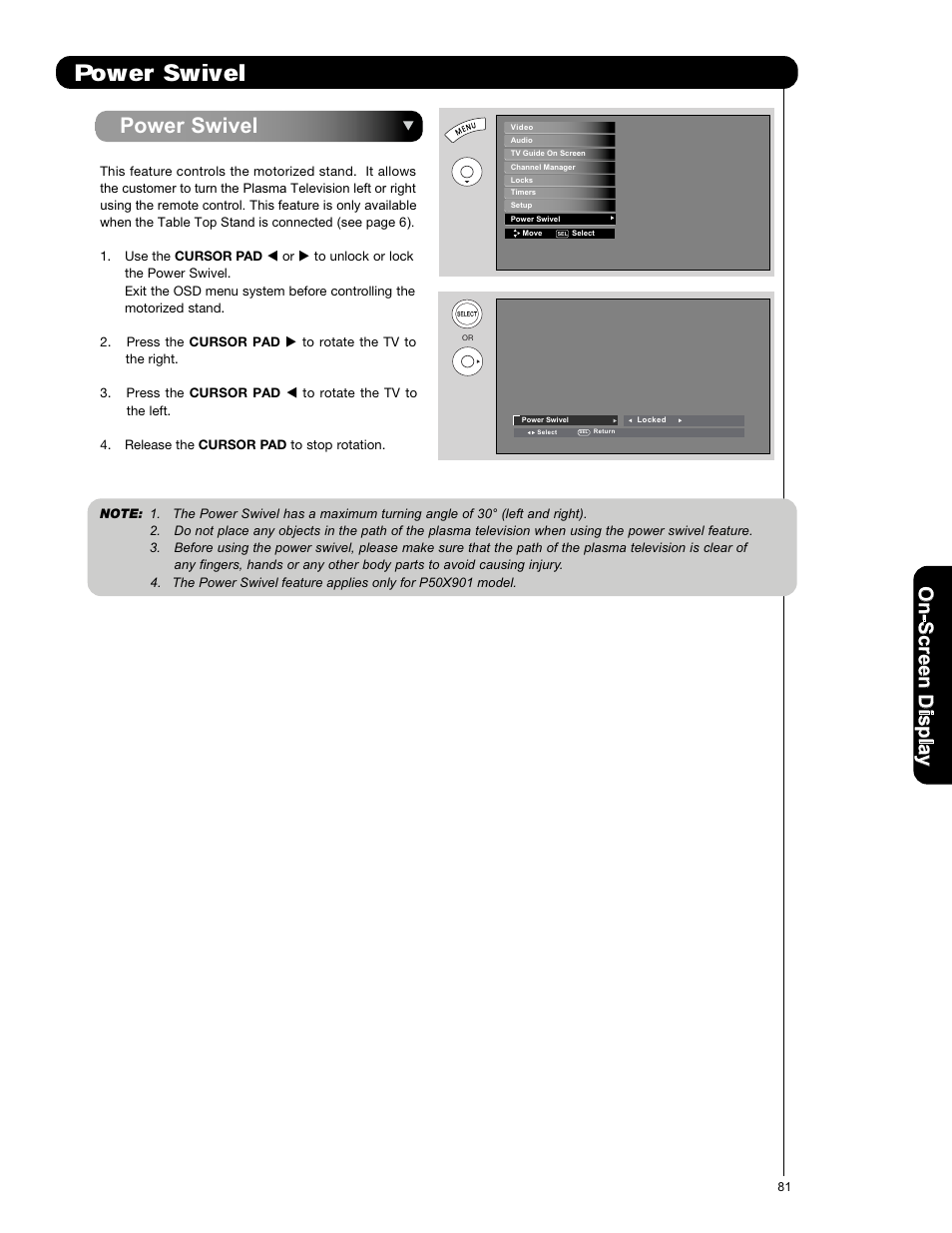 Power swivel, On -s cr ee n d is p la y | Hitachi P50X901 User Manual | Page 81 / 192