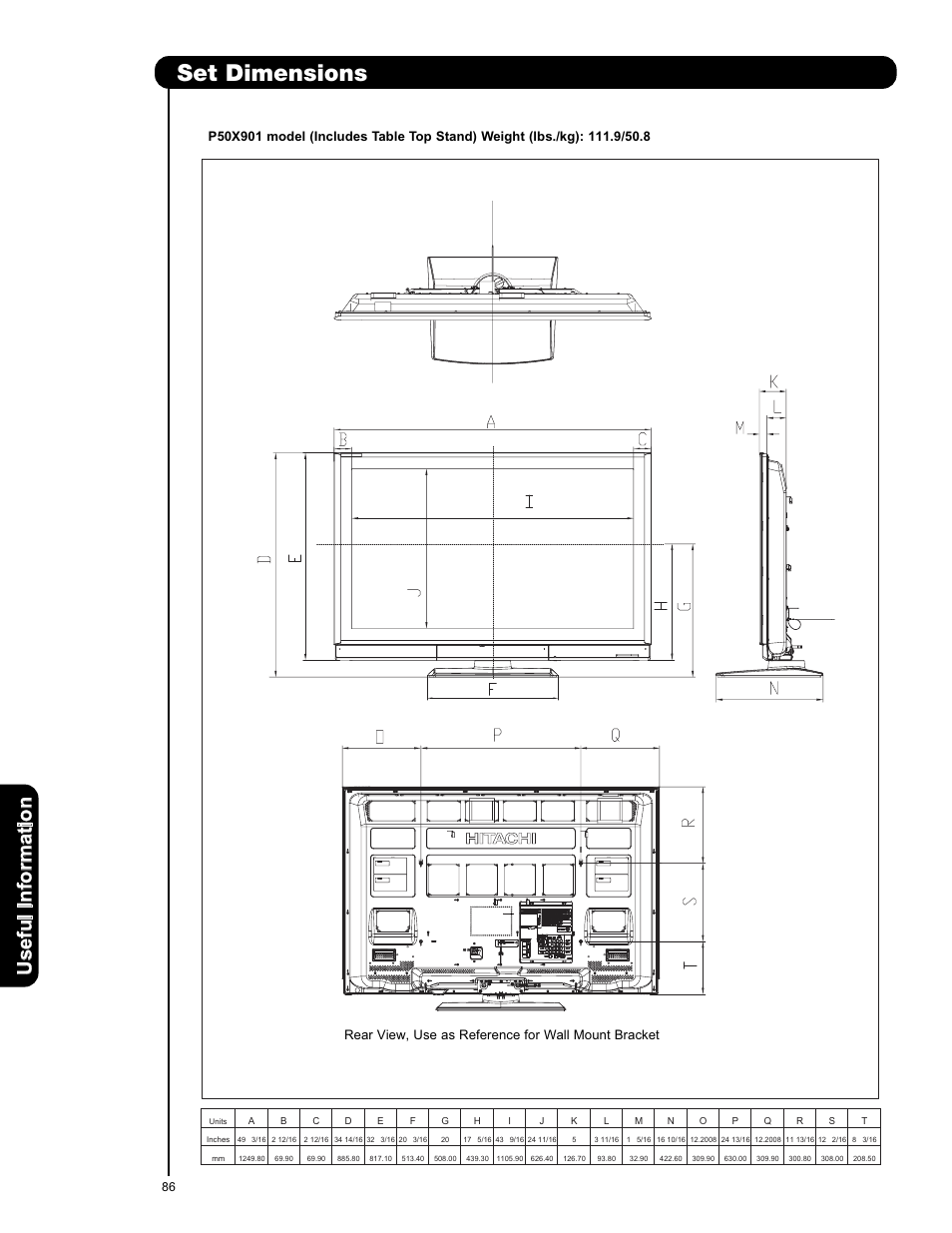 Set dimensions, Use fu li n fo rm at io n | Hitachi P50X901 User Manual | Page 86 / 192