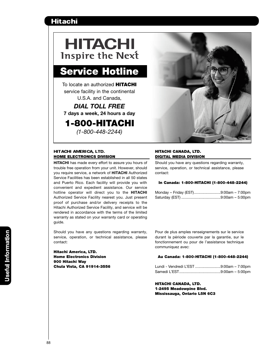 Hitachi, Service hotline, 800-hitachi | Hitachi america, l | Hitachi P50X901 User Manual | Page 88 / 192