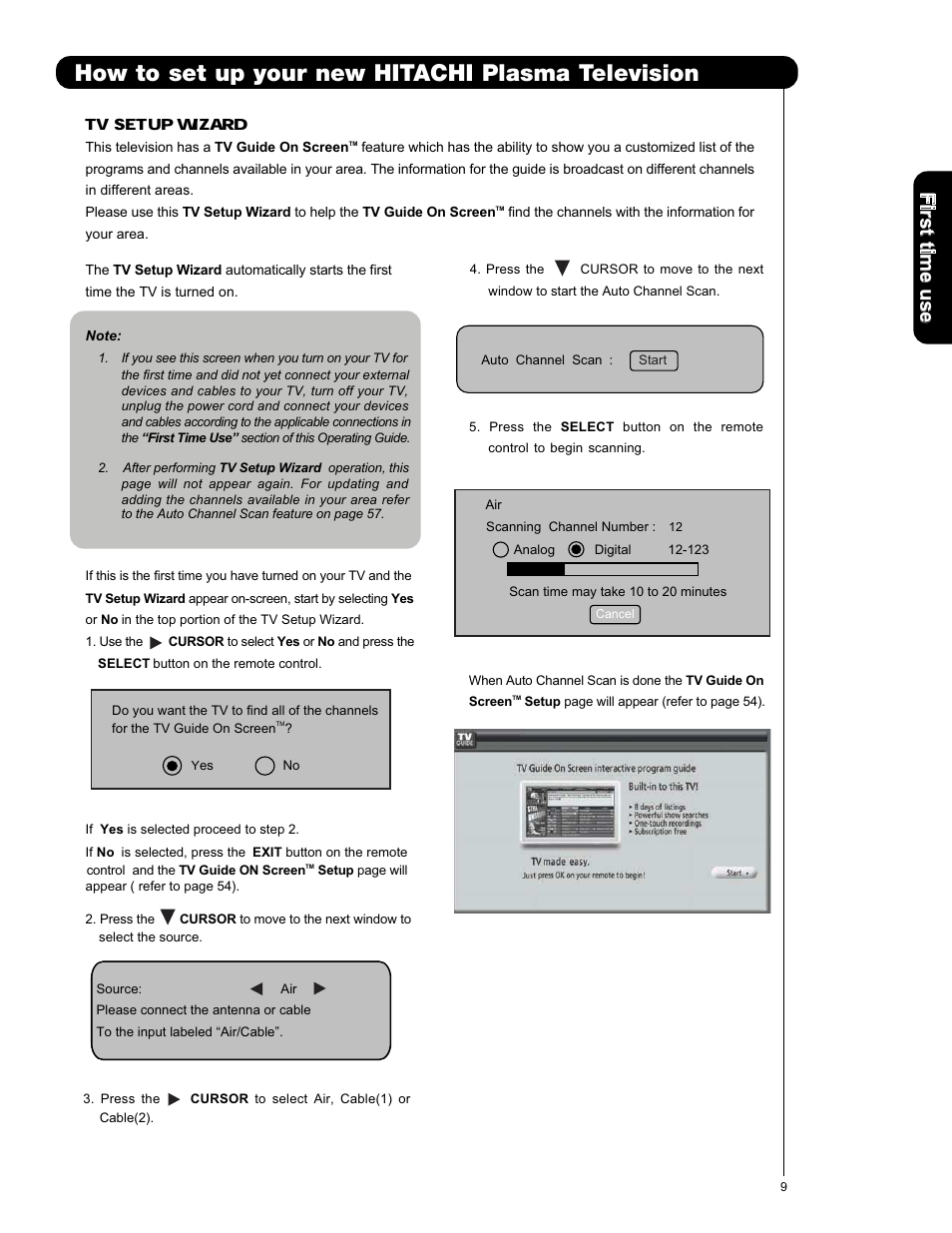 How to set up your new hitachi plasma television, Firs t tim e u se | Hitachi P50X901 User Manual | Page 9 / 192
