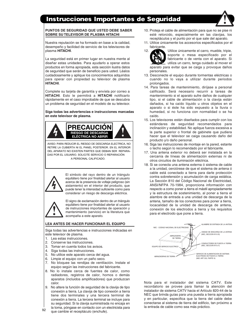 Instrucciones importantes de seguridad, Precaución | Hitachi P50X901 User Manual | Page 92 / 192