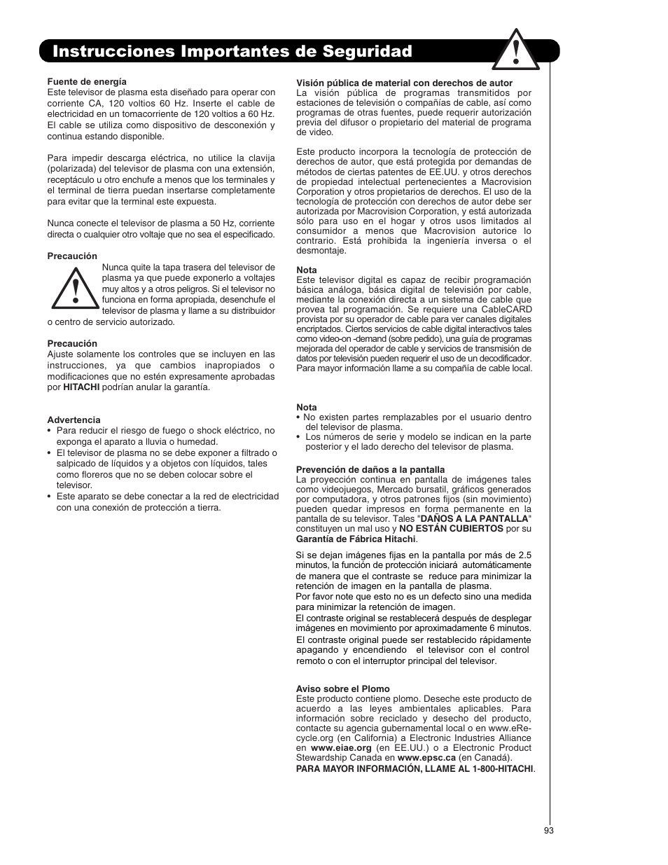 Instrucciones importantes de seguridad | Hitachi P50X901 User Manual | Page 93 / 192