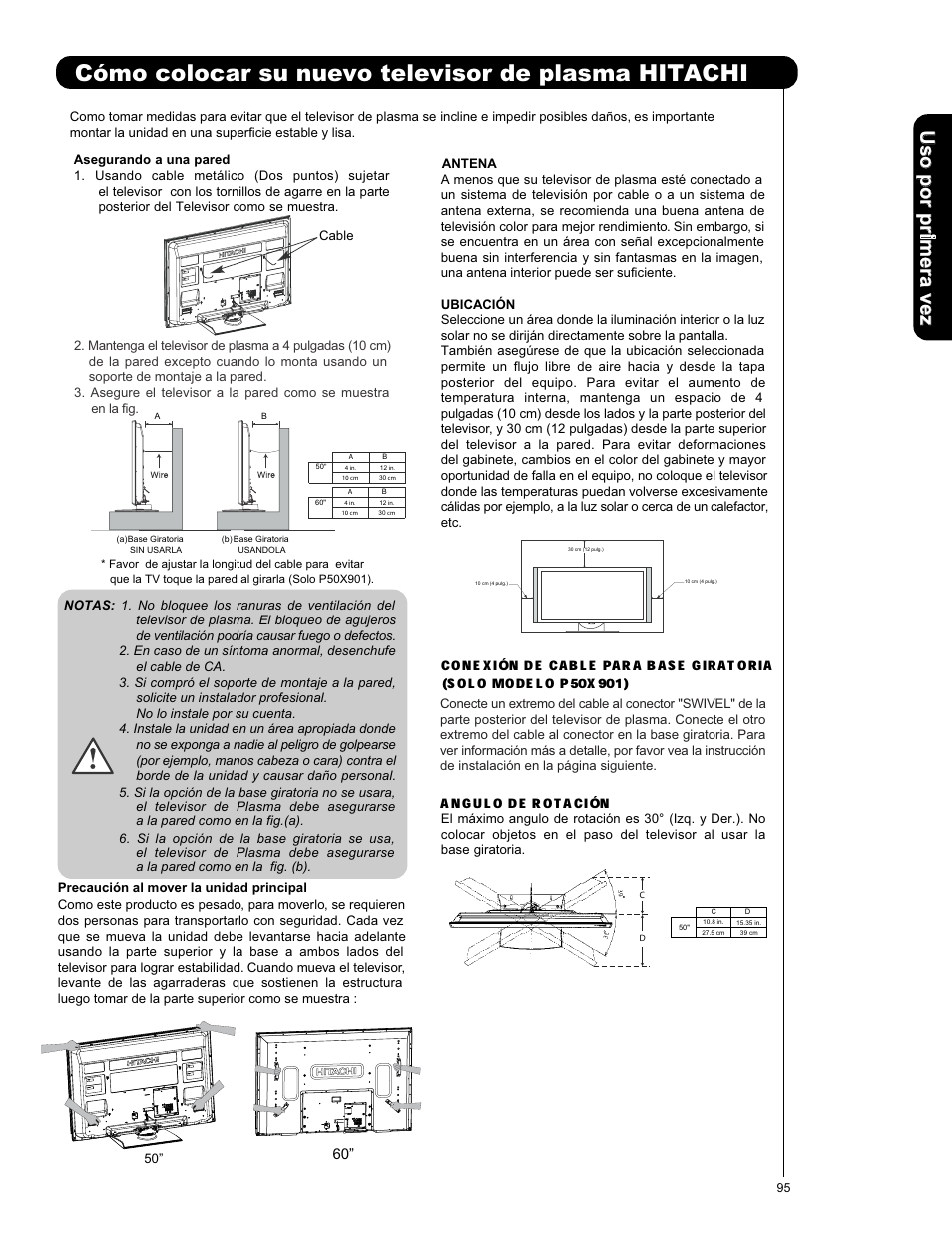 Cómo colocar su nuevo televisor de plasma hitachi, Angulo de rotaci, Conexi | N de cable para base giratoria | Hitachi P50X901 User Manual | Page 95 / 192