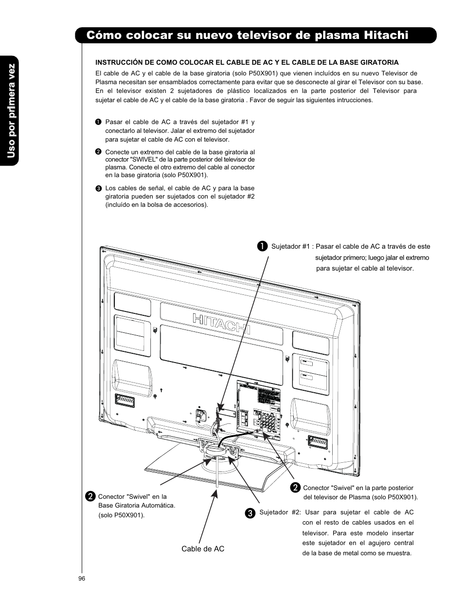 Cómo colocar su nuevo televisor de plasma hitachi | Hitachi P50X901 User Manual | Page 96 / 192