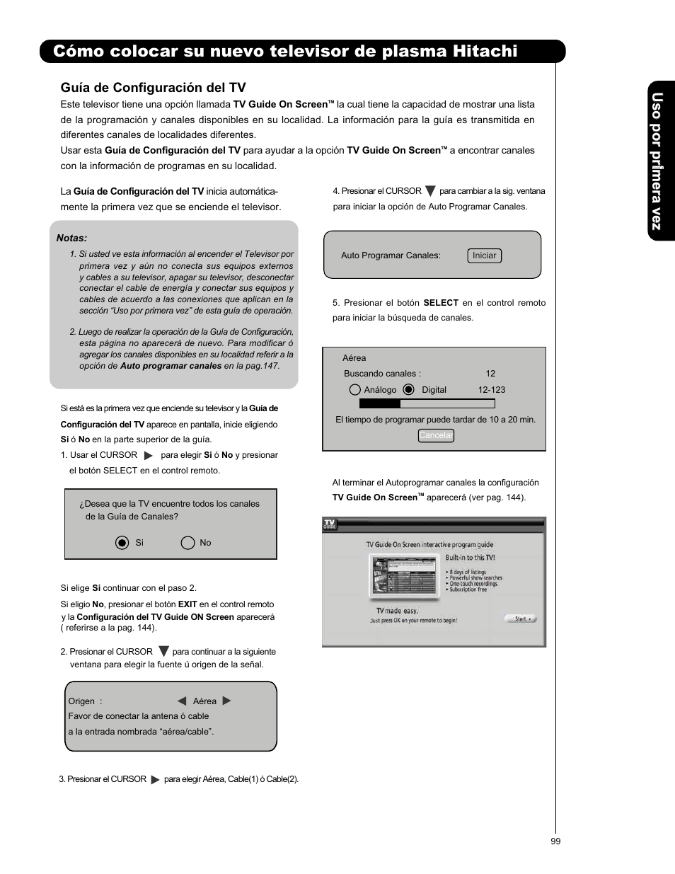 Cómo colocar su nuevo televisor de plasma hitachi, Guía de configuración del tv | Hitachi P50X901 User Manual | Page 99 / 192