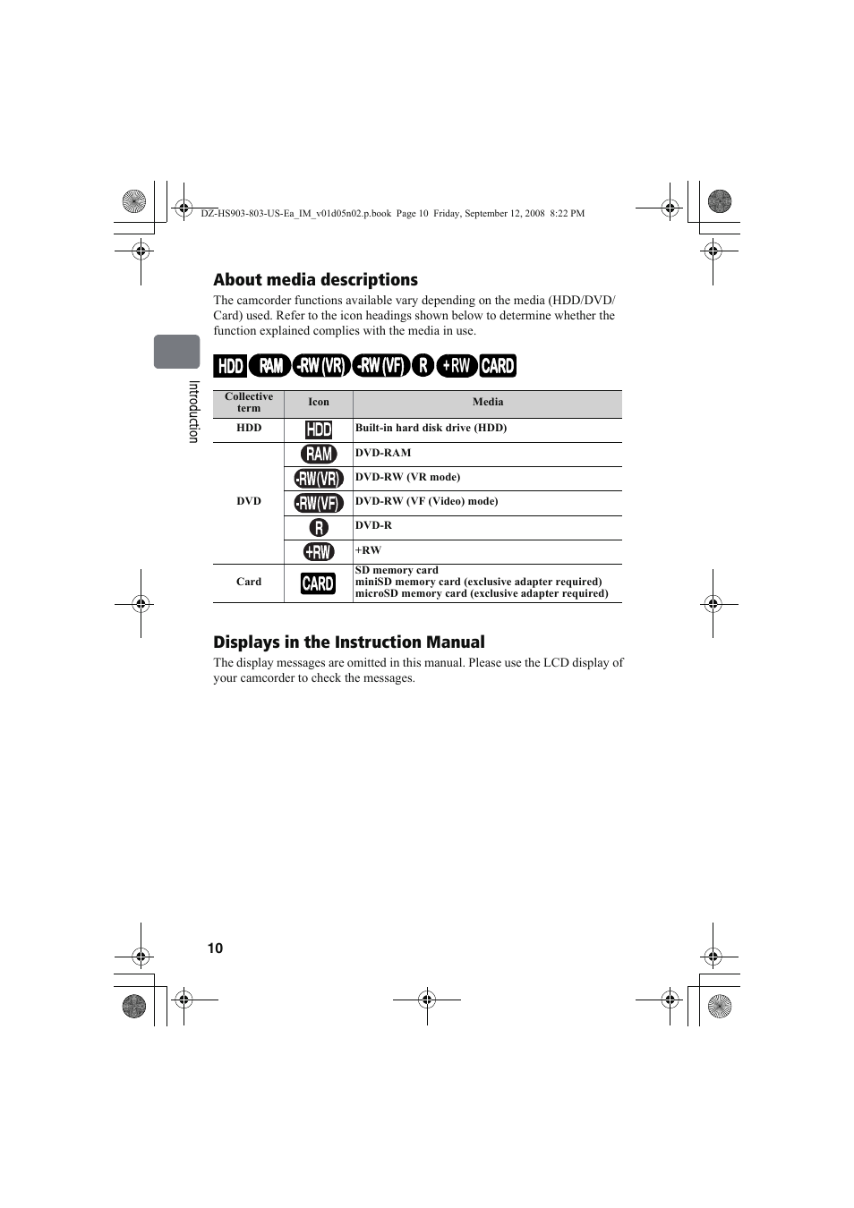 Hdd +rw ram -rw (vr) r -rw (vf) card, Ccard, About media descriptions | Displays in the instruction manual | Hitachi DZ-HS803A User Manual | Page 10 / 191