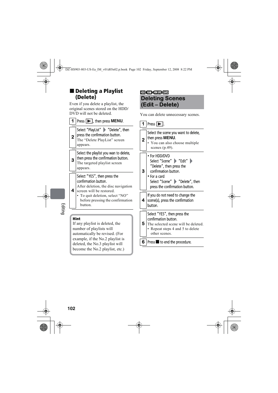 Deleting a playlist (delete), Deleting scenes (edit – delete) | Hitachi DZ-HS803A User Manual | Page 102 / 191