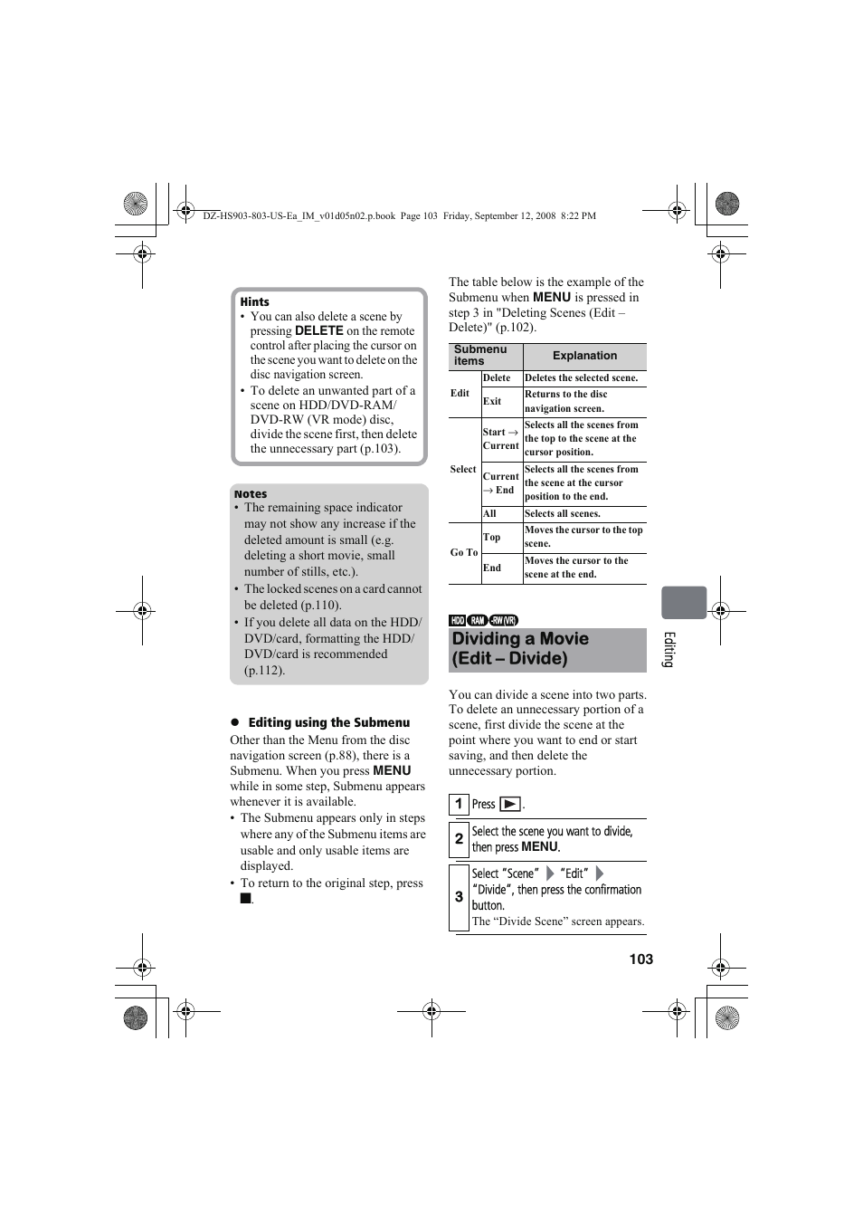 Dividing a movie (edit – divide) | Hitachi DZ-HS803A User Manual | Page 103 / 191