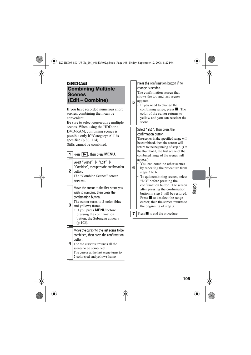 Combining multiple scenes (edit – combine) | Hitachi DZ-HS803A User Manual | Page 105 / 191